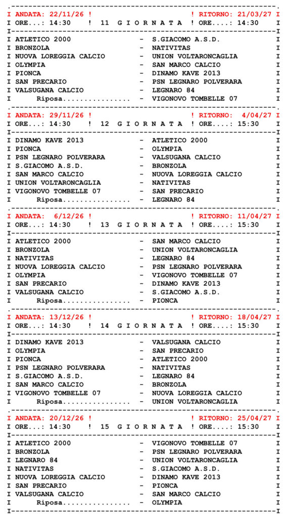 Calendario-campionato-dicalcio-Terza Categoria-Padova-girone-A-giornata-11-12-13-14-15