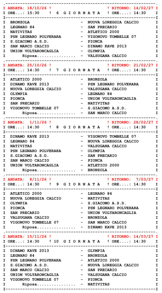 Calendario-campionato-dicalcio-Terza Categoria-Padova-girone-A-giornata-6-7-8-9-10