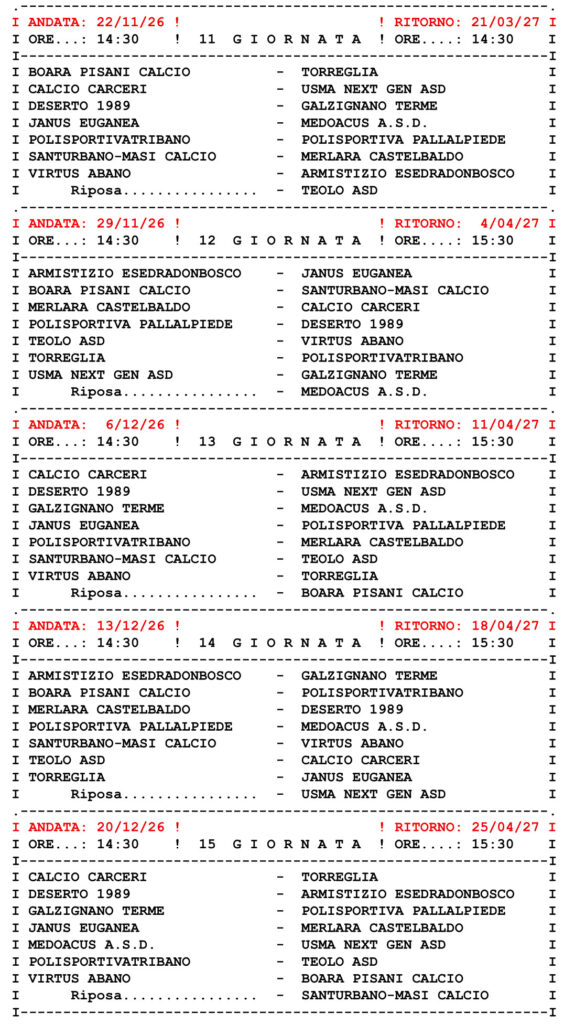 Calendario-campionato-dicalcio-Terza Categoria-Padova-girone-B-giornata-11-12-13-14-15
