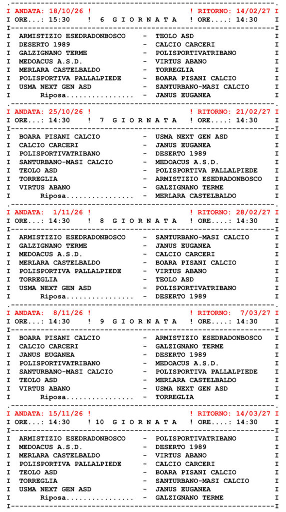 Calendario-campionato-dicalcio-Terza Categoria-Padova-girone-B-giornata-6-7-8-9-10